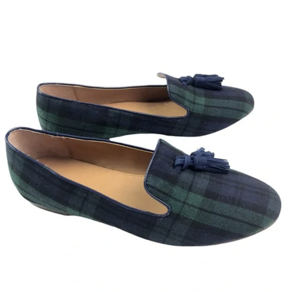 J. Crew Shoes - J Crew Cora Loafers Tassels Slip on Shoes Tartan Plaid green blue 9